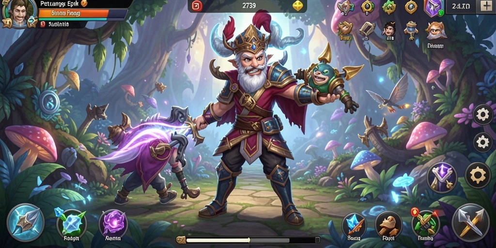 Screenshot menunjukkan karakter dalam pertempuran di dunia fantasi yang kaya.
