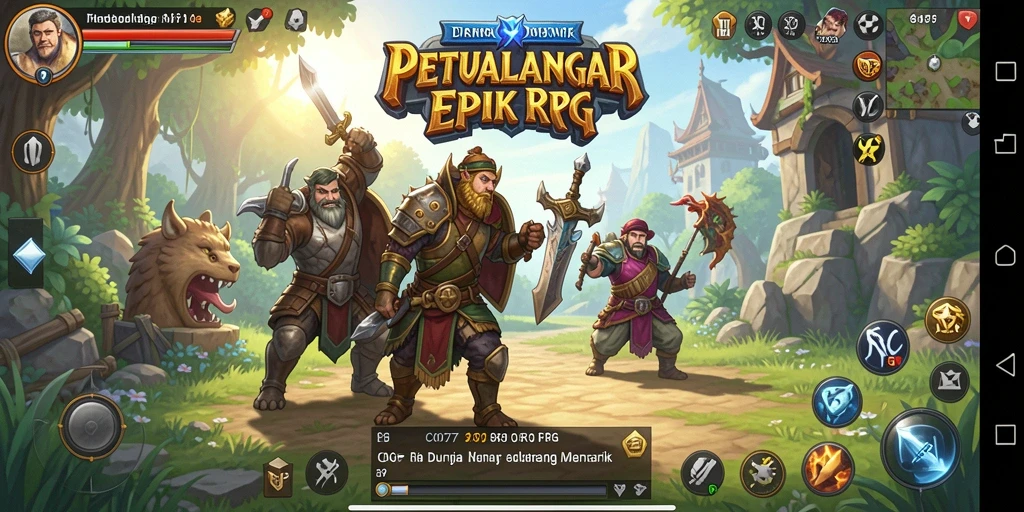 Tangkapan layar utama C0077 menampilkan aksi seru dalam pertarungan RPG.