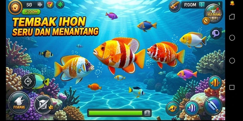 Screenshot F200M menampilkan momen seru dalam permainan Tembak Ikan.