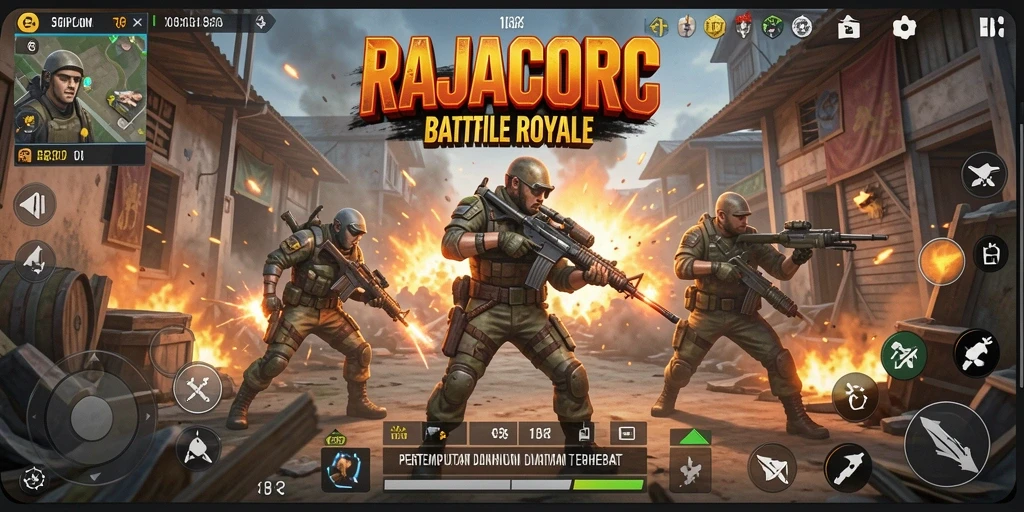 Screenshot menunjukkan action seru dalam permainan Battle Royale RAJACORC.