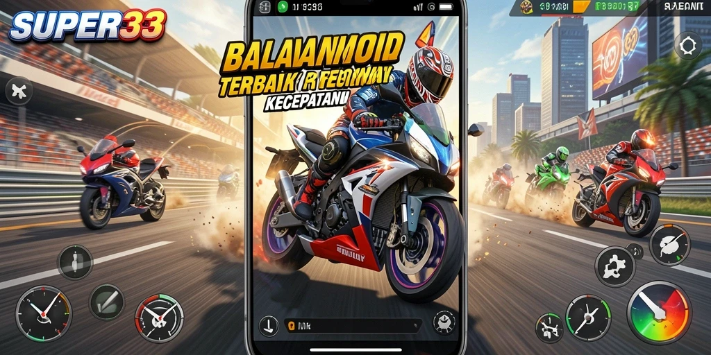 Screenshot utama SUPER33 menampilkan balapan motor yang mendebarkan.