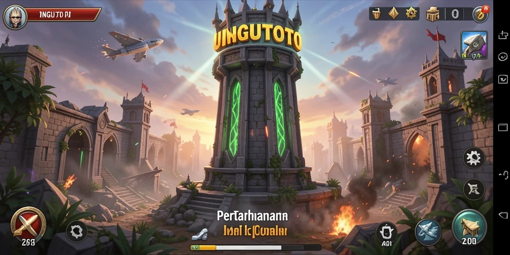 Screenshot gameplay UNGUTOTO menampilkan aksi menara yang mendebarkan dalam pertahanan.